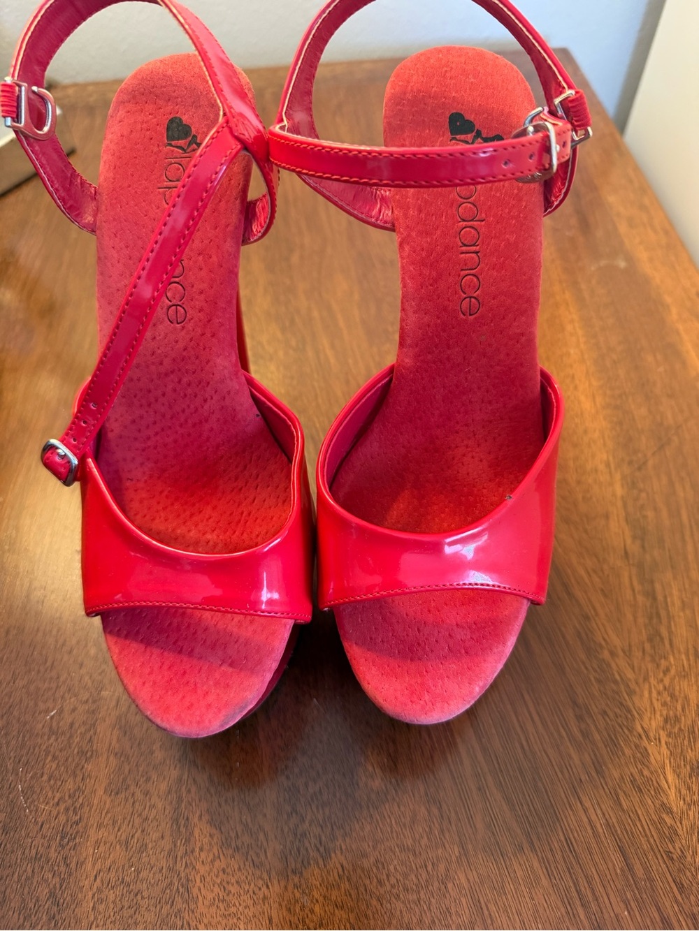 Red Patent Open-Toe Ankle Strap Platform Heels